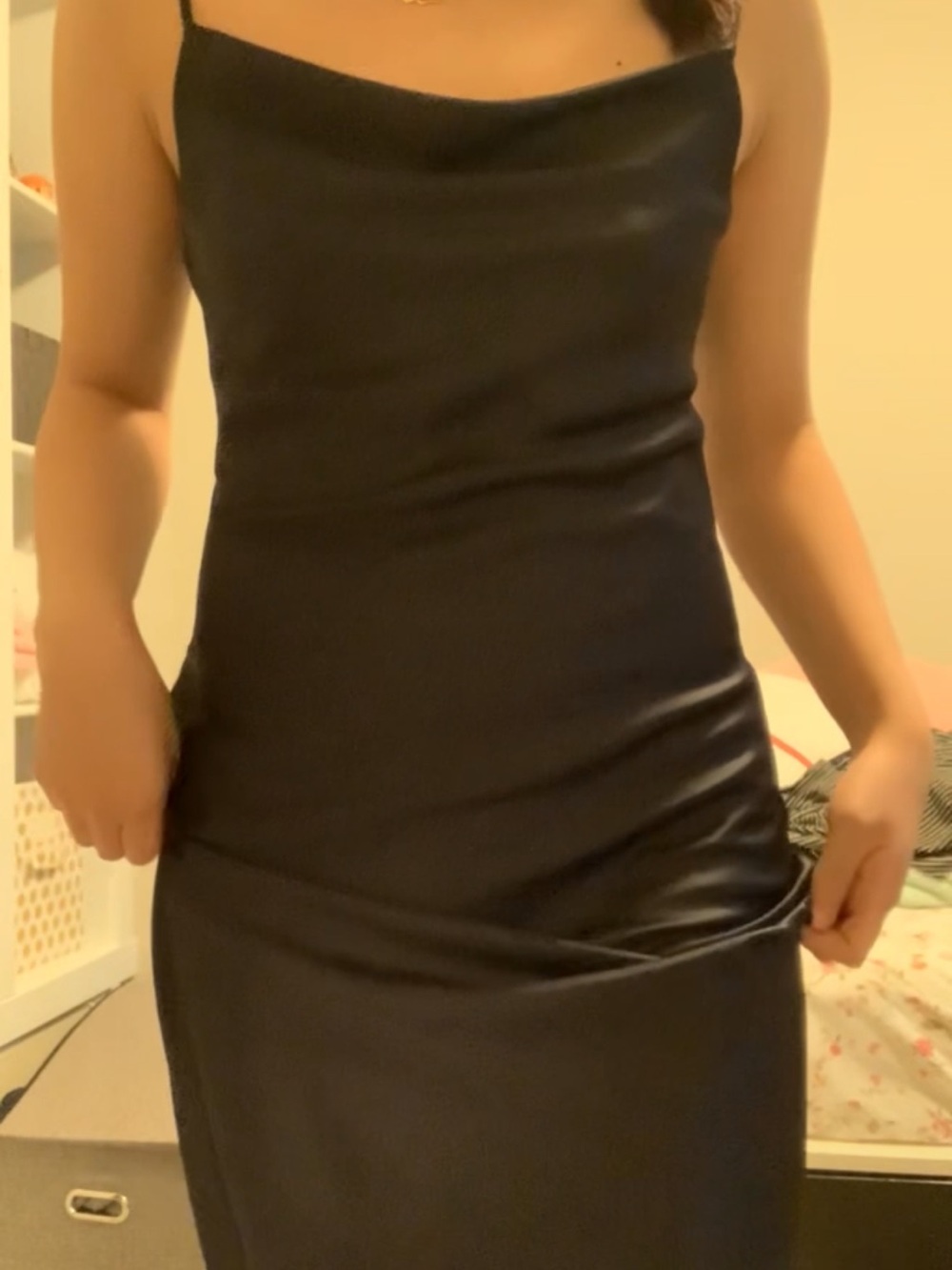 Satin Slip Midi cowl neck Dress in navy blue